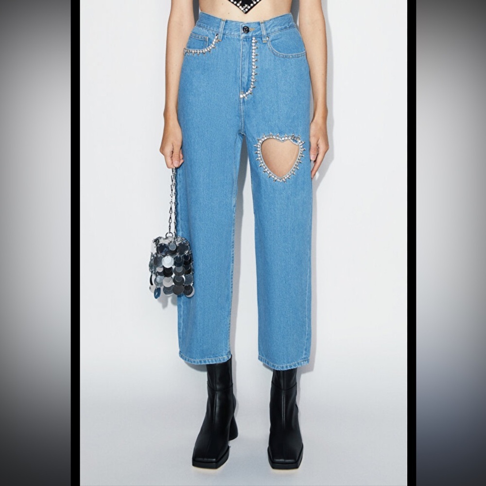 AREA Blue Crystal Heart Cutout Cropped Jeans